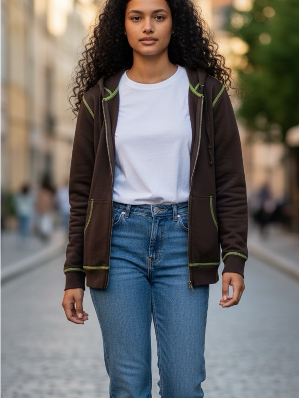 Three Dots Dark Brown Hoodie with Lime Details